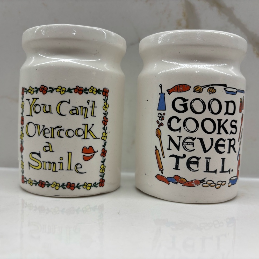 Vintage White Canister Shaped Connecting Salt Pepper Shakers Funny Messages